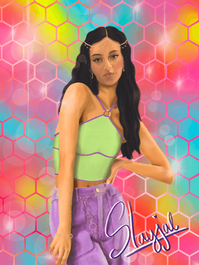 Illustrated portrait of Sejal with a honeycomb background